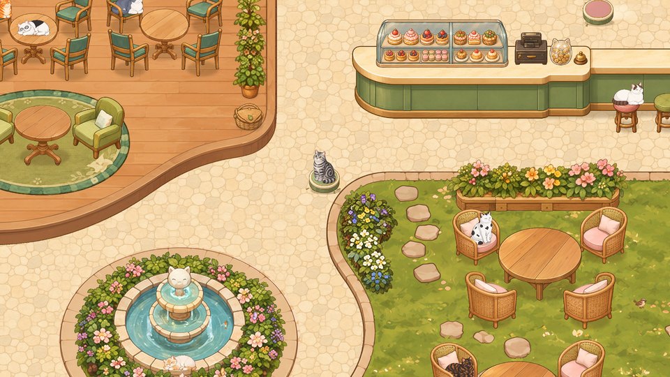 The garden café: a fountain, flower beds, wicker chairs and a cat riding a robot vacuum