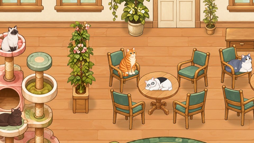 Cats on café chairs, a table and a cat tree, some awake and some asleep